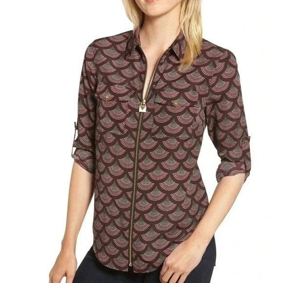 MICHAEL Michael Kors Purple Burgundy Geometric Print Long Sleeve Full Zip Top XS - Picture 1 of 15